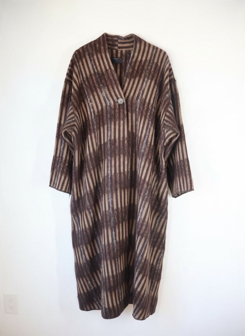 Miller et Bertaux Brown Stripped Long Wool Coat Knit Duster Parisian boho L-XL